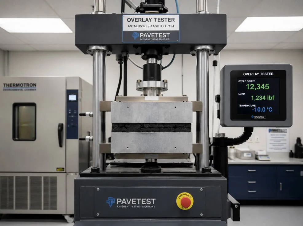 Crack sealant adhesion test in progress on Overlay Tester with aluminum mold blocks and load monitoring display