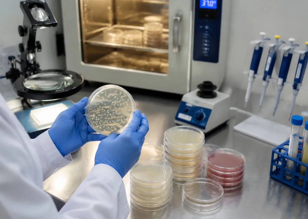 Microbiologist performing Bacillus coagulans enumeration testing with agar plates showing colony counts in a quality control laboratory