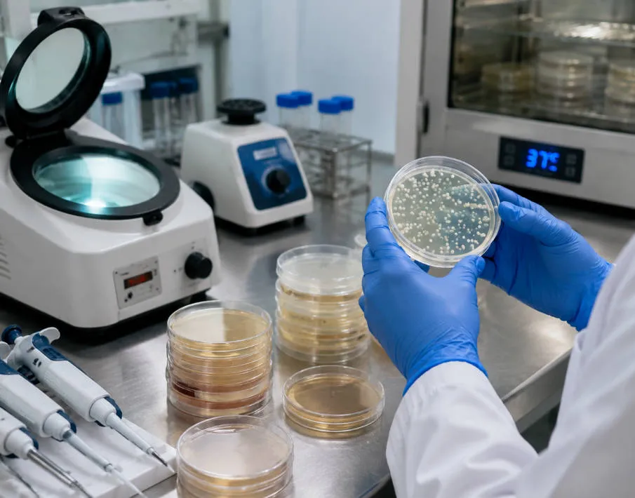 Microbiologist performing Bacillus coagulans enumeration testing with agar plates showing colony counts in a quality control laboratory