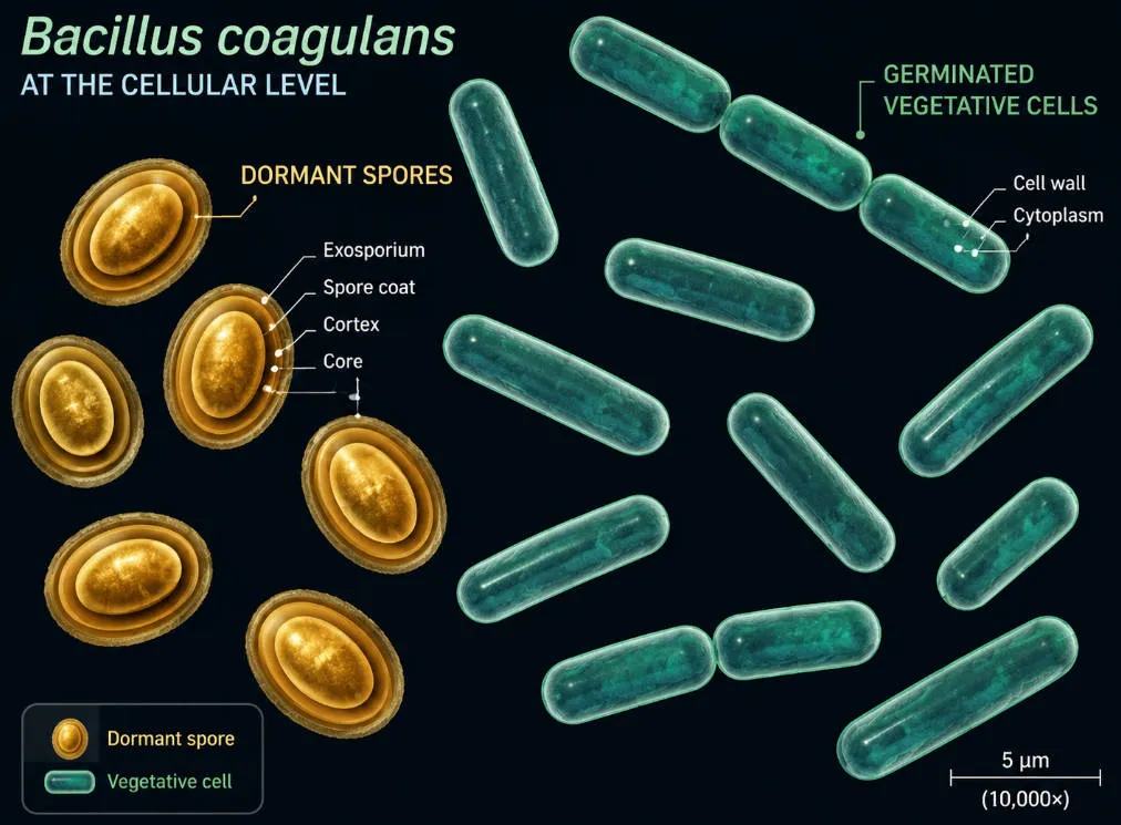 Microscopic view of Bacillus coagulans spores showing ellipsoidal endospore formation and vegetative cells at high magnification