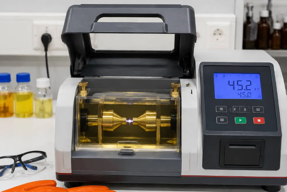 Laboratory setup for insulating oil dielectric breakdown voltage testing showing oil test set with electrodes, glass test vessel, and digital display