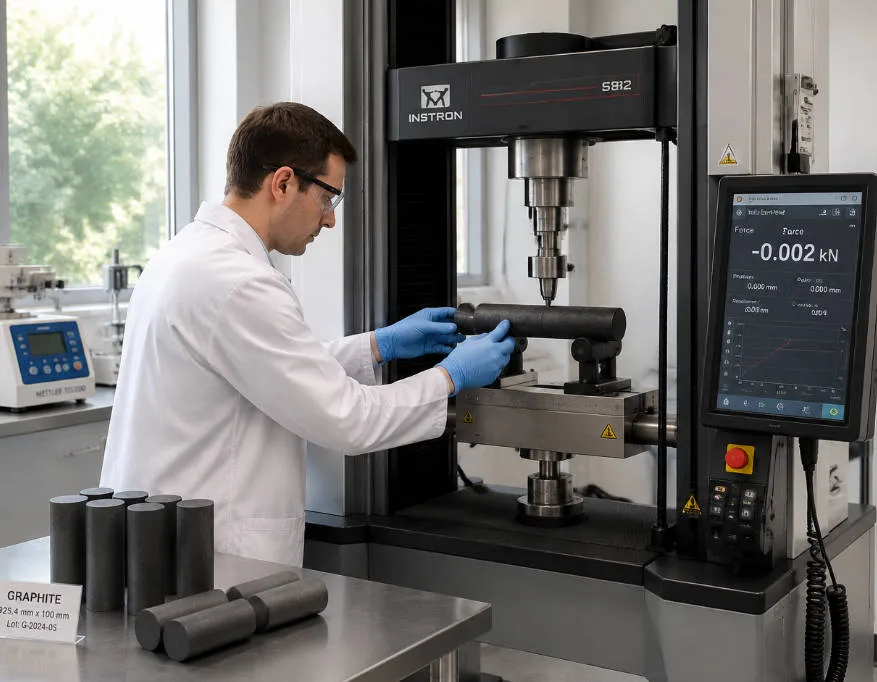 Technician performing four-point bending test on a graphite specimen in a professional materials testing laboratory