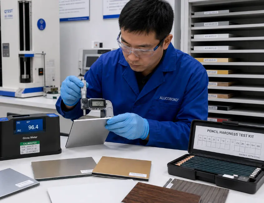 Technician measuring aluminum composite panel thickness with digital micrometer in a modern materials testing laboratory