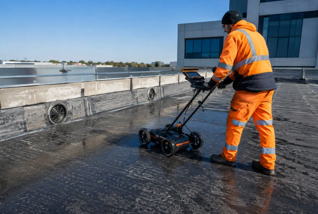 Technician using low-voltage electronic leak detection scanning platform on a waterproof membrane over concrete roof deck