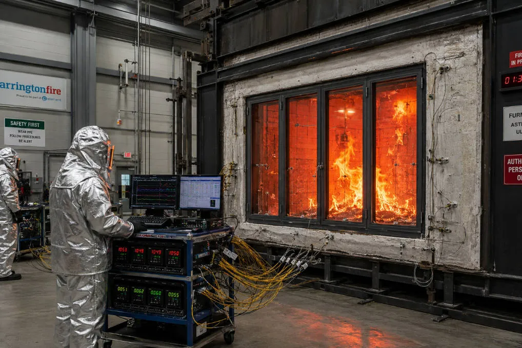 Full-size fire-rated window assembly undergoing fire resistance testing in a laboratory furnace chamber