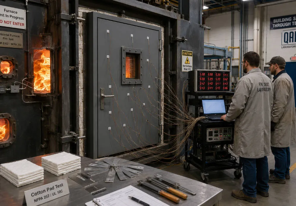 Steel fire door assembly undergoing fire resistance testing in laboratory furnace with thermocouple monitoring