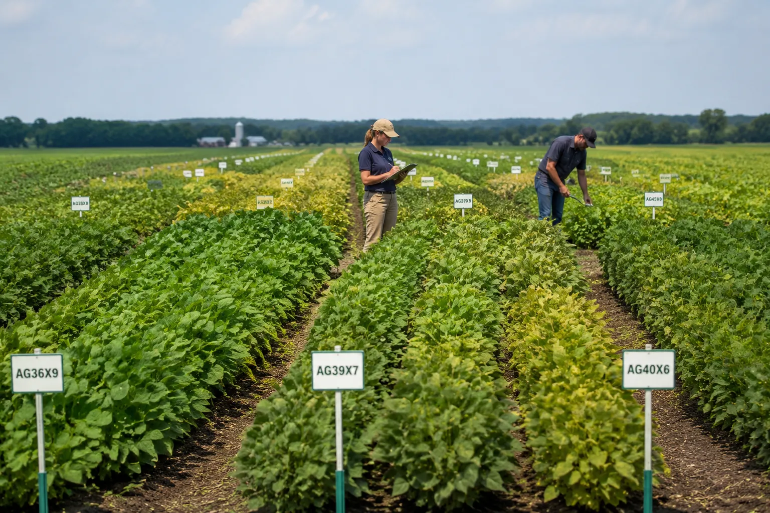 Soybean variety testing field trial showing multiple replicated small plots at an agricultural research station, with different varieties displaying varying growth characteristics and plant heights.
