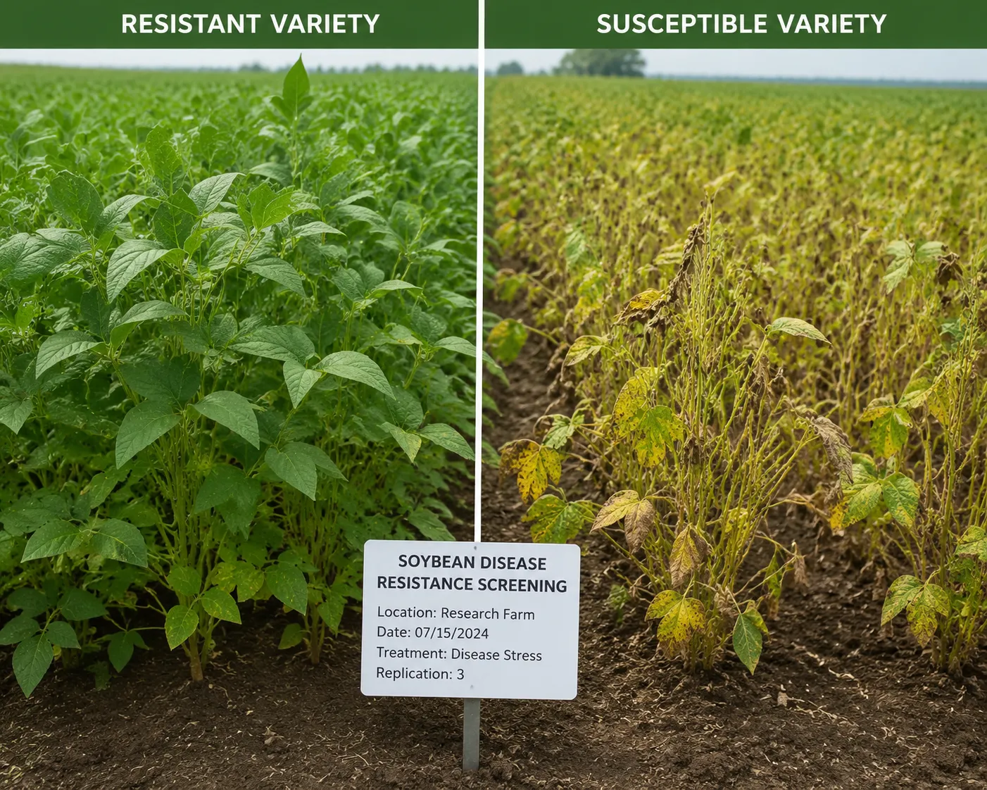 Soybean resistance screening trial showing varieties under biotic stress conditions, with visual differences in disease resistance and plant health between susceptible and resistant varieties.