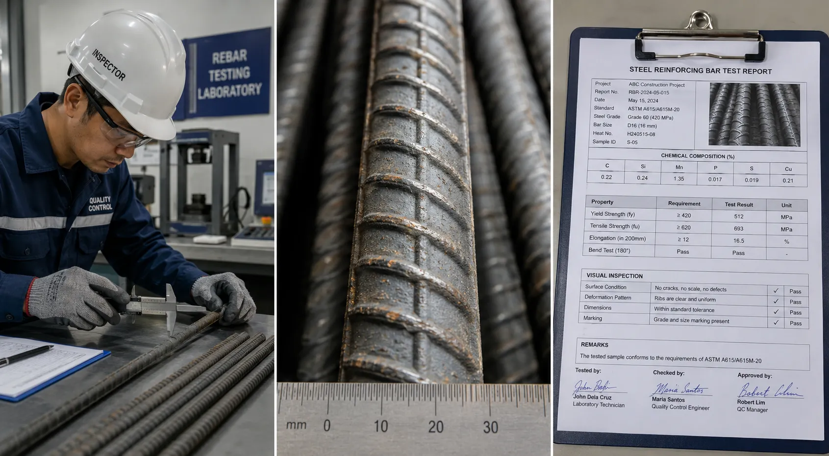 Complete rebar testing process showing visual inspection, dimensional measurement, testing equipment, and quality control documentation in a materials testing laboratory.