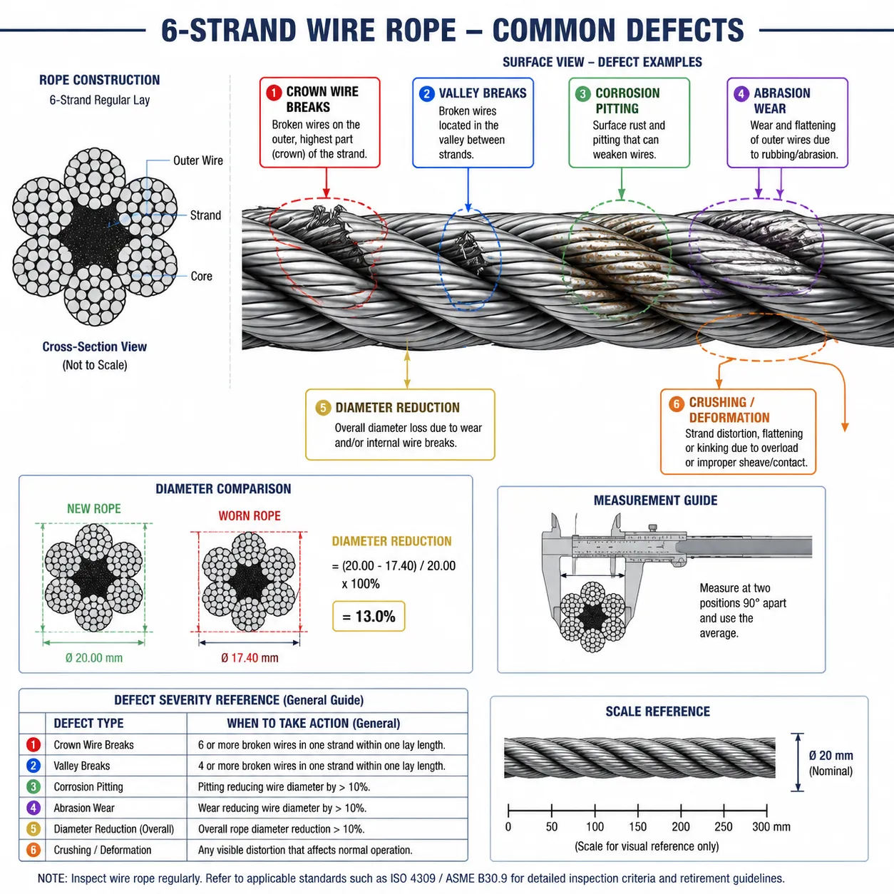 Technical diagram illustrating different types of steel wire rope defects including wire breaks, corrosion, abrasion, and diameter reduction with labels.