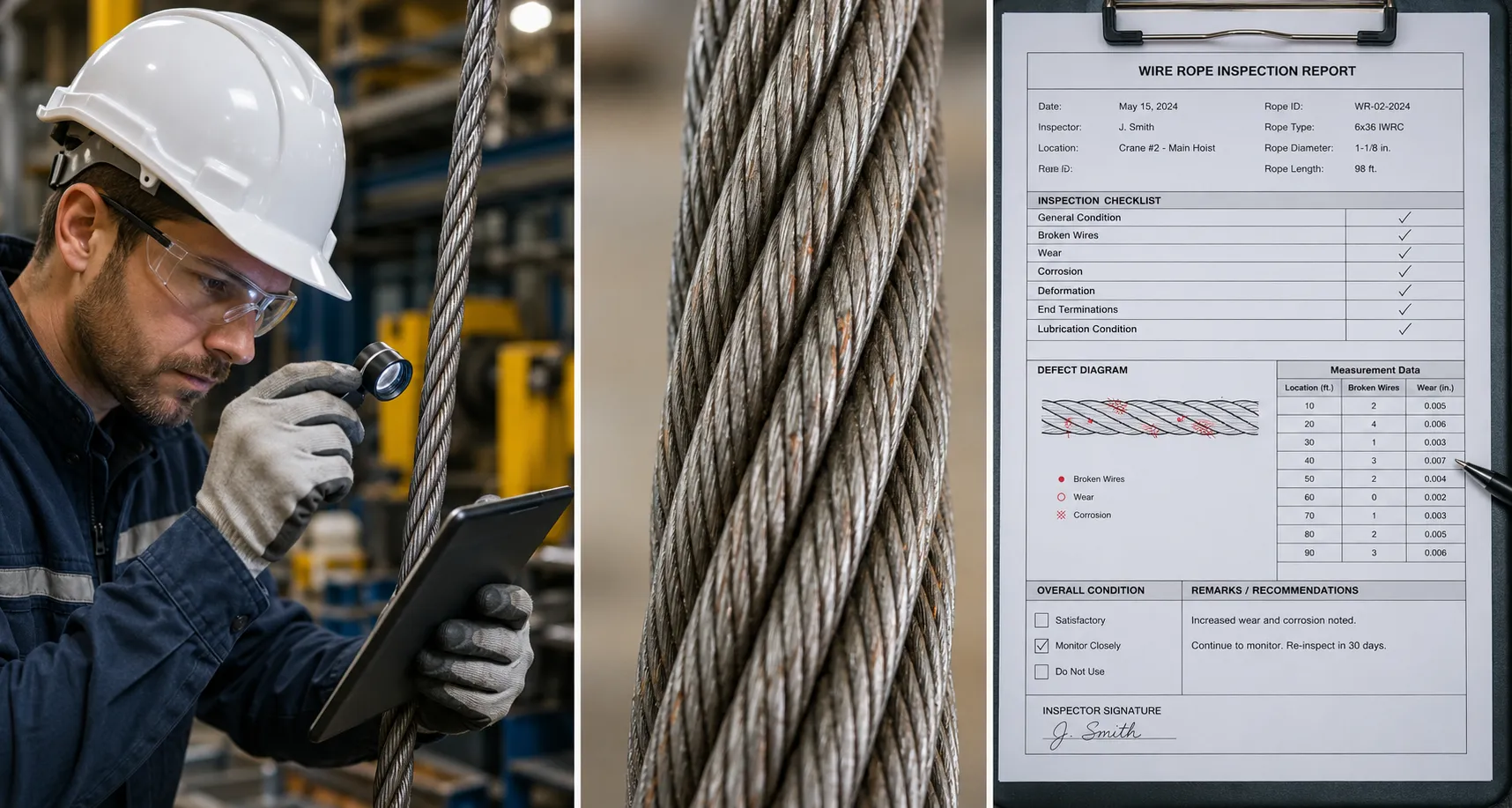 Steel wire rope inspection process showing visual examination, rope condition assessment, and documentation procedures being performed by a qualified inspector.