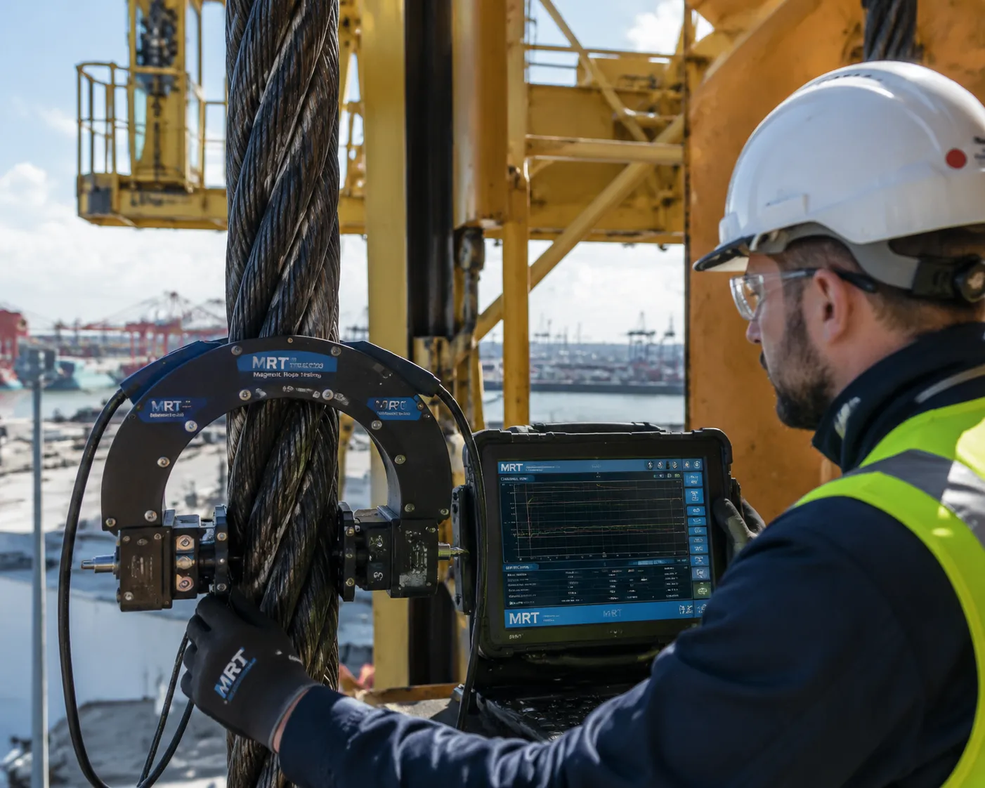 Magnetic rope testing equipment inspecting a steel wire rope on an industrial crane, showing the MRT device and digital monitoring system.