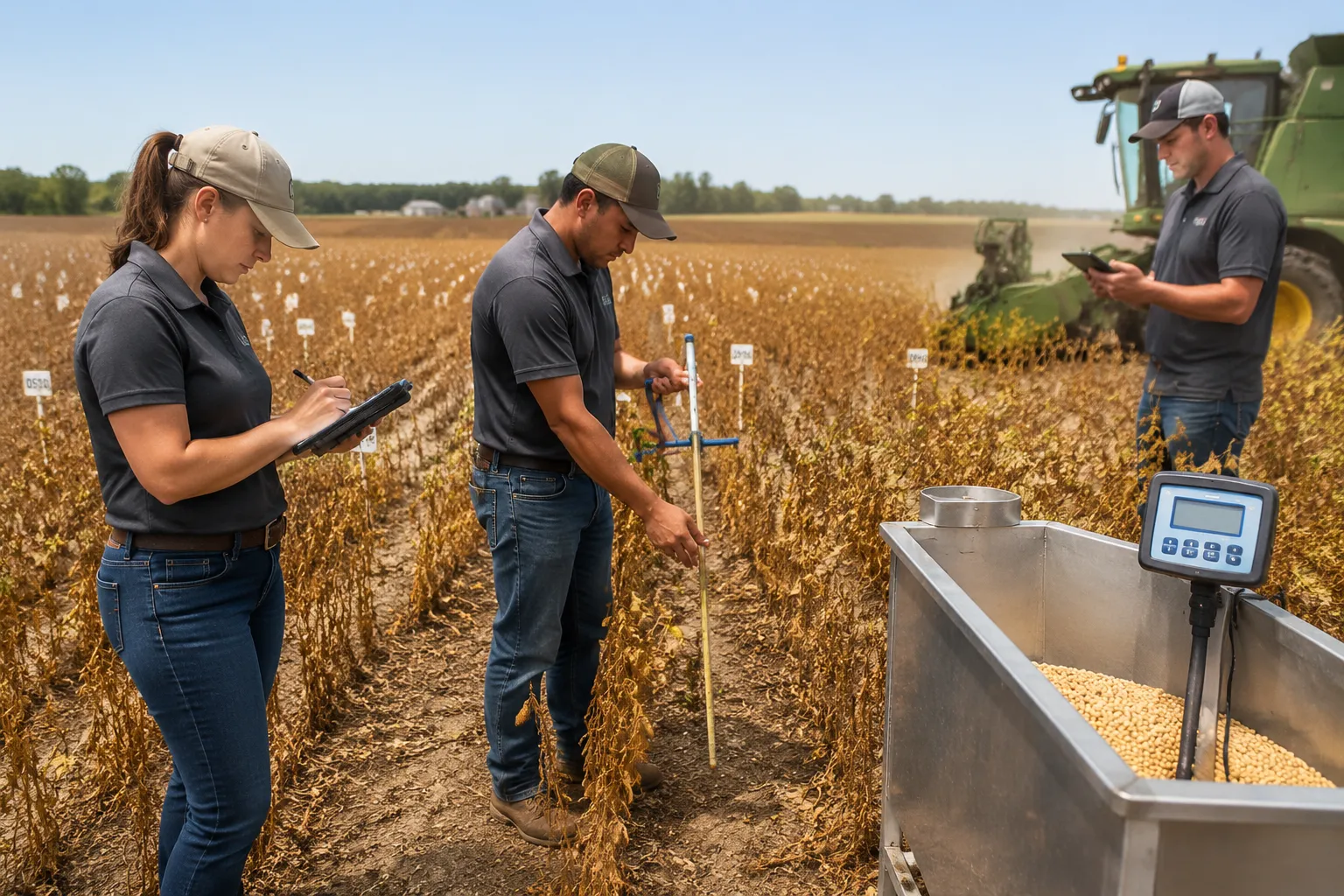 Researchers collecting yield data and agronomic measurements in soybean variety trials, showing measuring equipment, data recording tablets, and harvest operations.