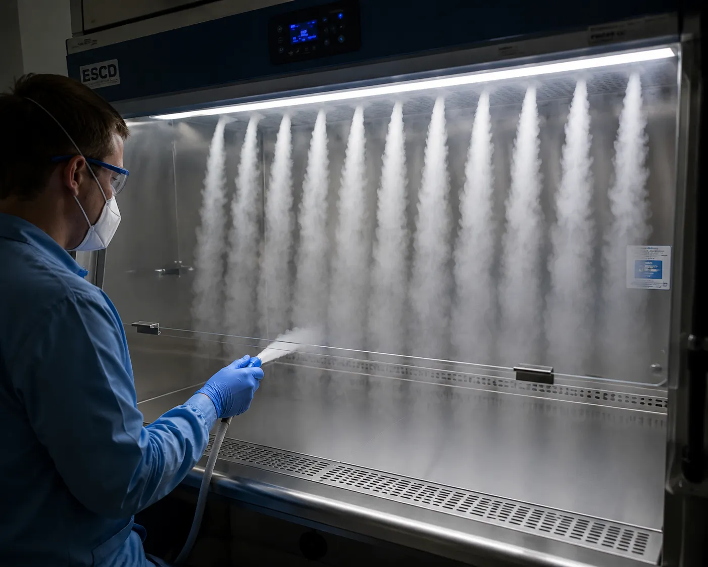 Airflow smoke pattern testing inside a biosafety cabinet showing unidirectional downward laminar flow visualization with smoke trails