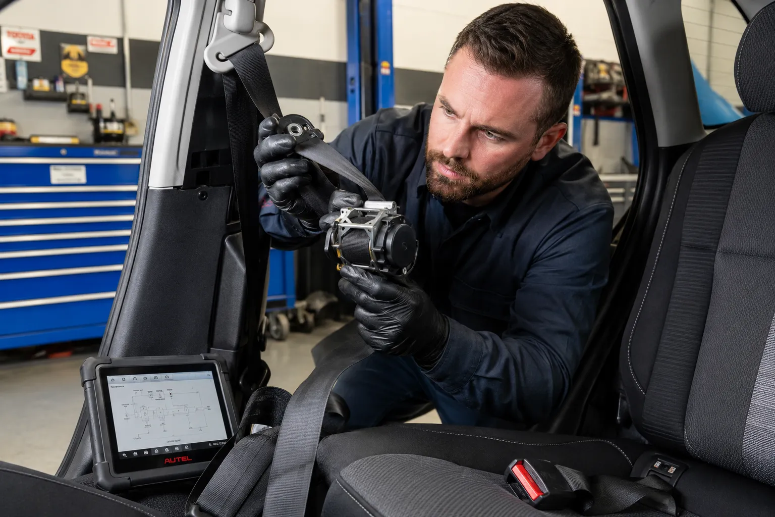 Detailed visual inspection of seat belt components including buckle and webbing, technician examining retractor mechanism for wear and damage