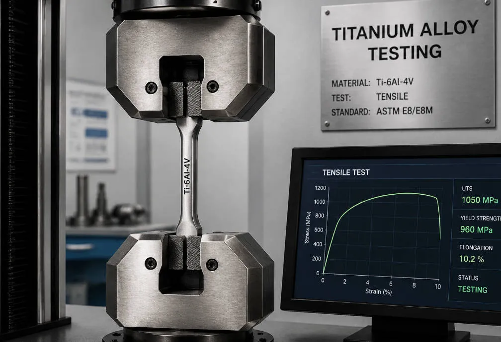 Metallurgical laboratory performing tensile testing on titanium alloy specimens