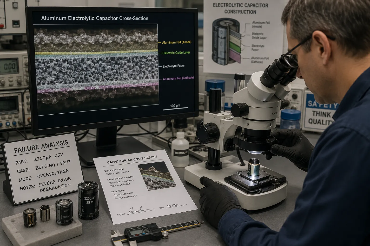 Failure analysis laboratory examining aluminum electrolytic capacitor defects