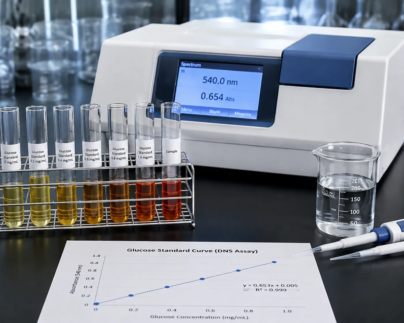 Laboratory equipment setup for cellulase enzyme activity colorimetric measurement
