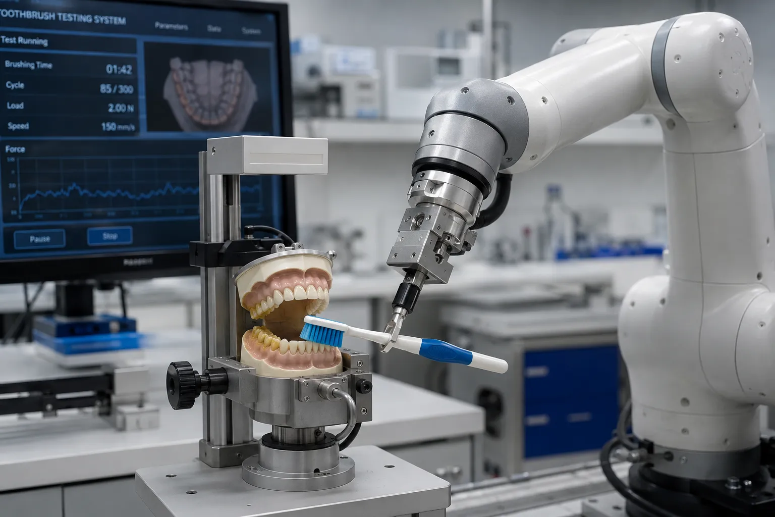 Robot-based toothbrush testing system with robotic arm brushing artificial teeth in typodont model for cleaning efficacy evaluation