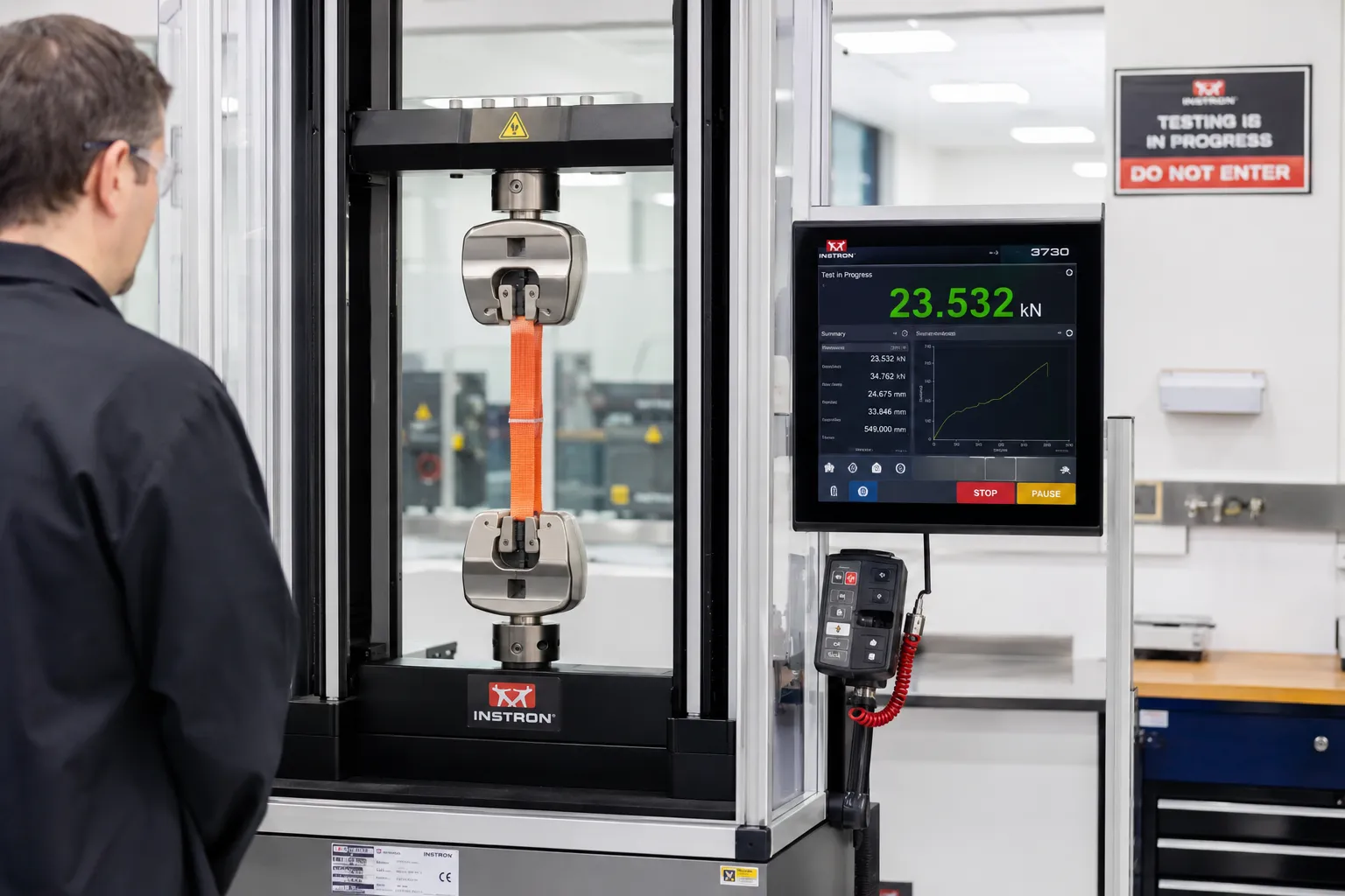 Professional laboratory tensile strength testing of seat belt webbing using universal testing machine with roller grips, showing force measurement in kN
