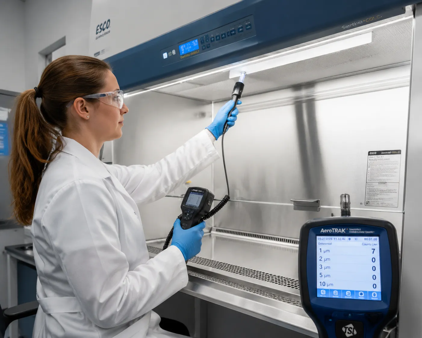  Professional laboratory technician performing HEPA filter integrity testing on a Class II biosafety cabinet using a photometer to scan the filter face for leaks
