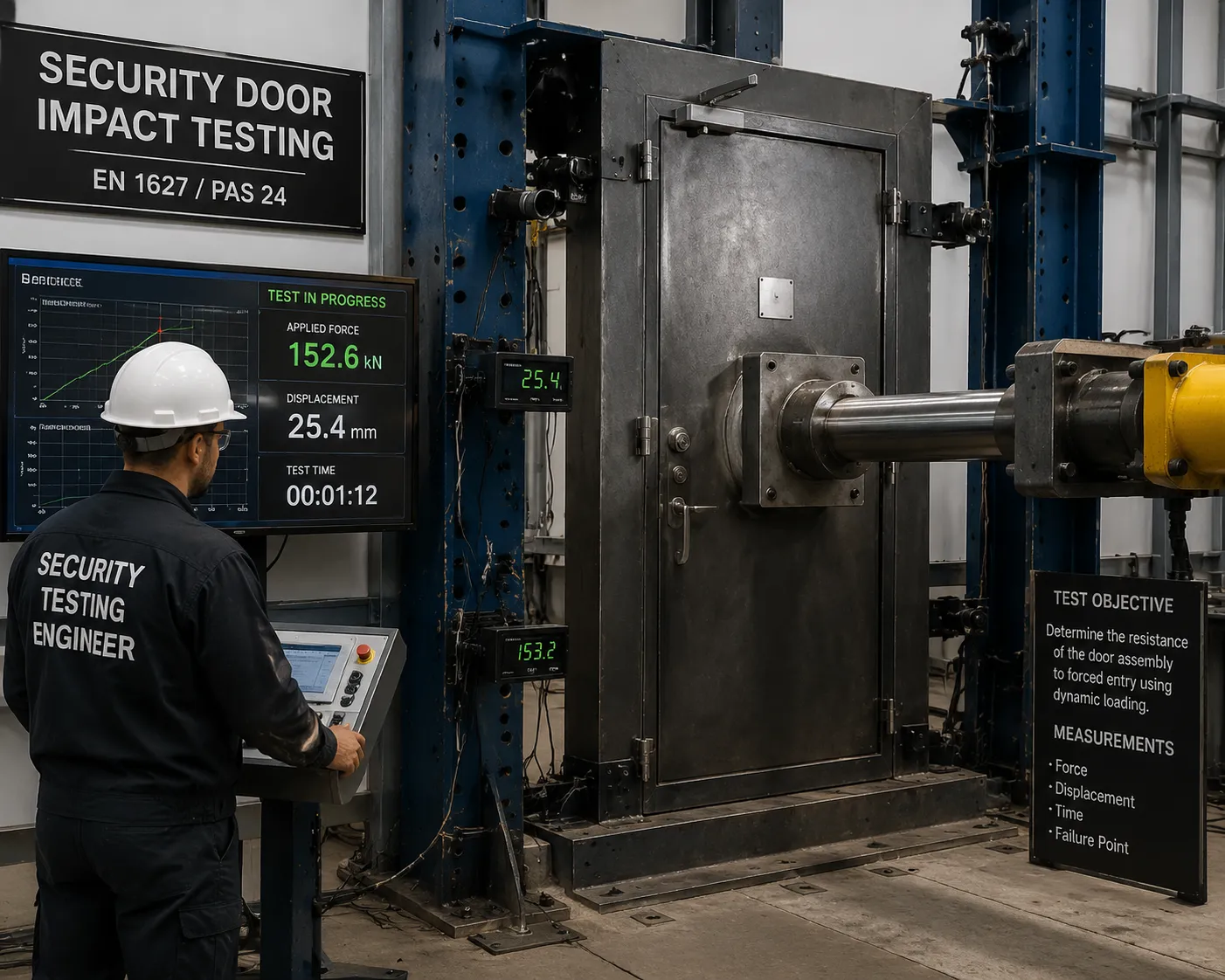 Security door forced entry resistance testing in laboratory