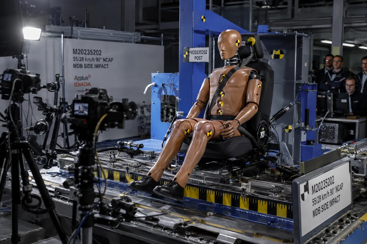 Automotive crash sled testing with Hybrid III crash test dummy properly restrained by three-point seat belt, crash simulation facility with instrumentation