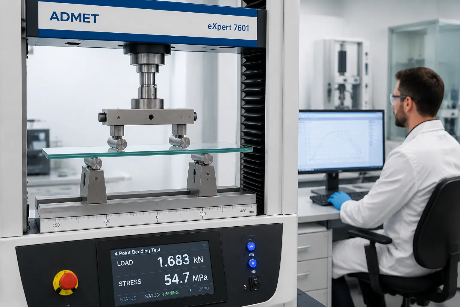  Professional laboratory testing flat glass flexural strength using four-point bending test apparatus with digital display showing load and stress values