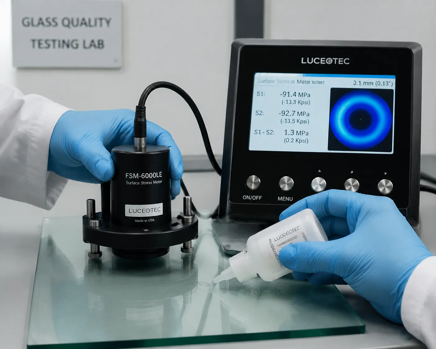 Surface stress measurement on tempered flat glass using a surface stress meter with immersion liquid, revealing stress patterns for quality verification
