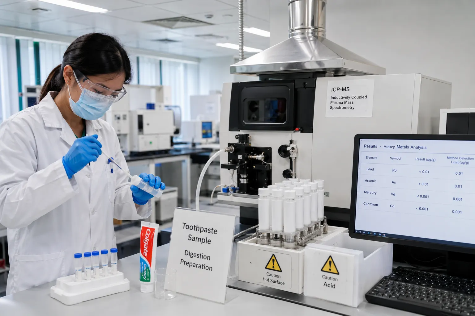 Laboratory ICP-MS instrument testing toothpaste sample for heavy metals including lead, arsenic, mercury, and cadmium detection