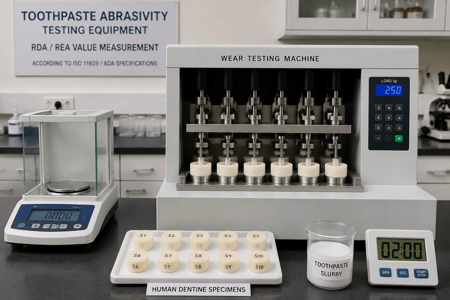 Toothpaste abrasivity testing equipment measuring RDA value with human dentine specimens and standardized brushing machine