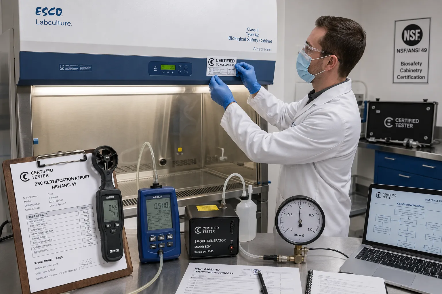 Comprehensive biosafety cabinet certification testing scene with complete NSF/ANSI 49 certification equipment and documentation