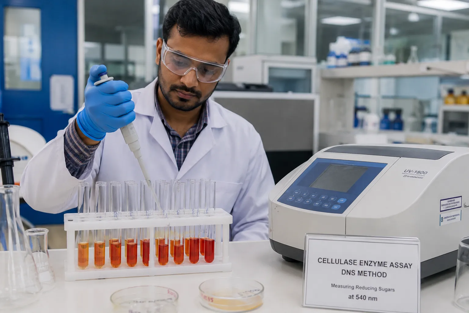 Laboratory technician performing cellulase enzyme activity assay using DNS method