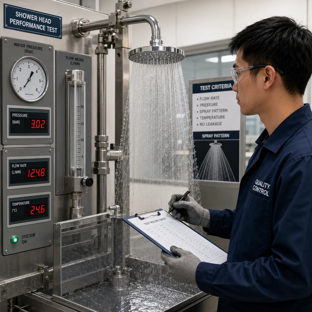 Quality control technician testing shower head performance in manufacturing test facility