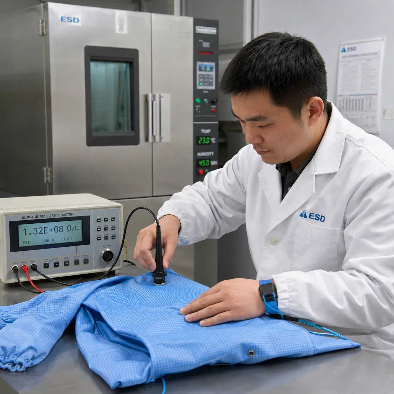 Laboratory technician testing anti-static protective clothing with surface resistance meter