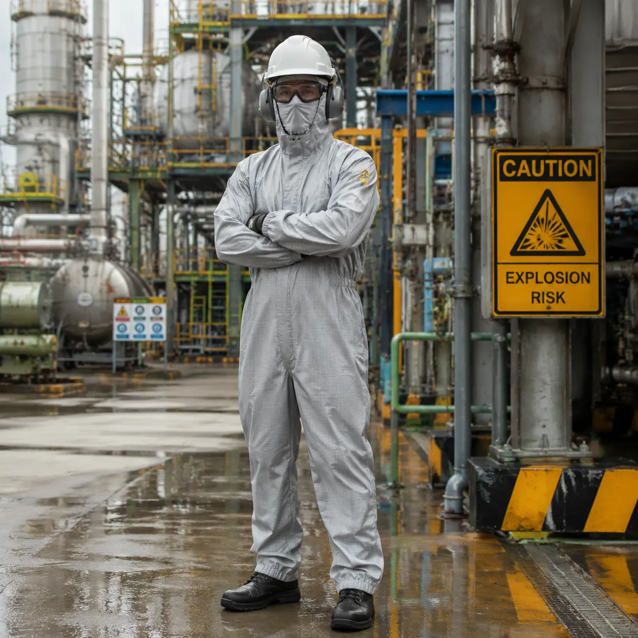 Industrial worker wearing anti-static protective suit in hazardous environment