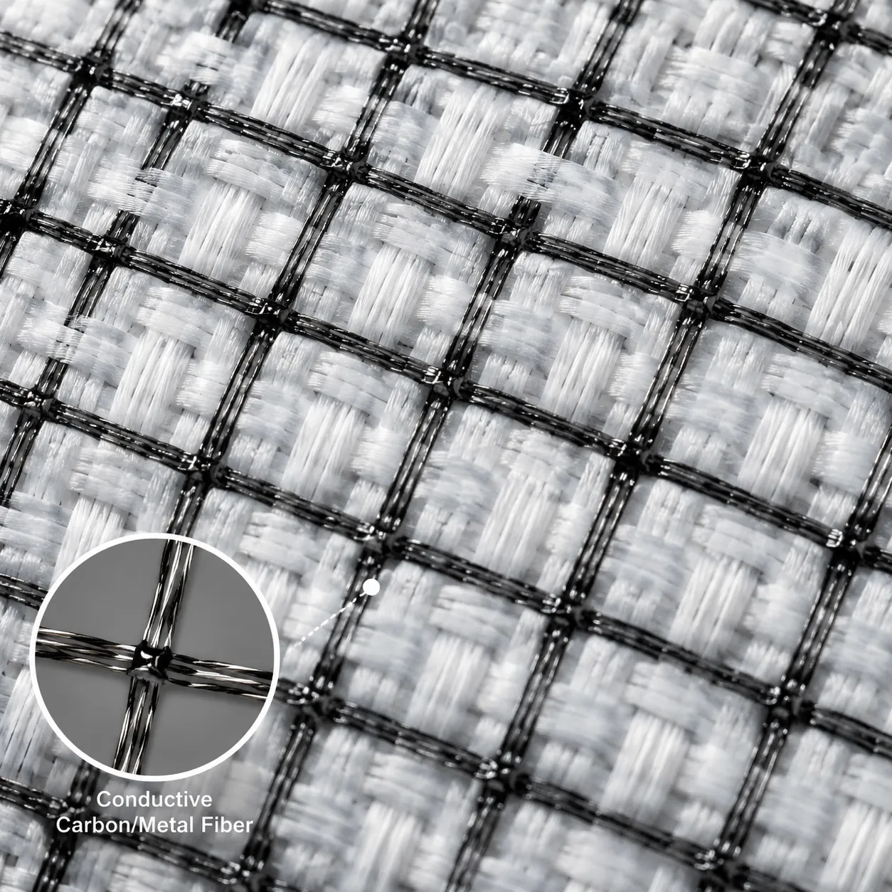 Close-up of conductive fiber grid pattern in anti-static fabric