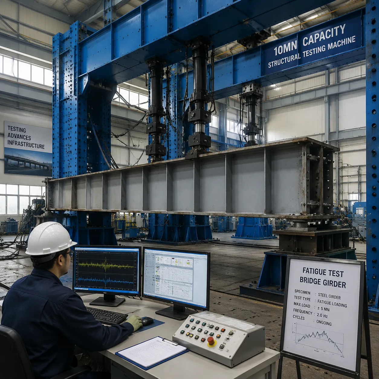  Large scale steel structure testing facility with hydraulic actuators and 10MN capacity testing machine for structural member fatigue evaluation
