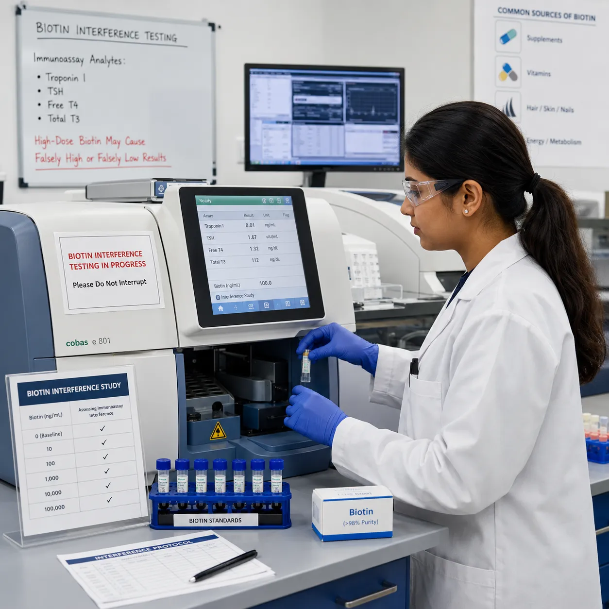 Laboratory technician performing biotin interference testing on immunoassay equipment in clinical laboratory, diagnostic testing instruments for troponin and thyroid hormone analysis, medical laboratory professional conducting interference studies on automated analyzer