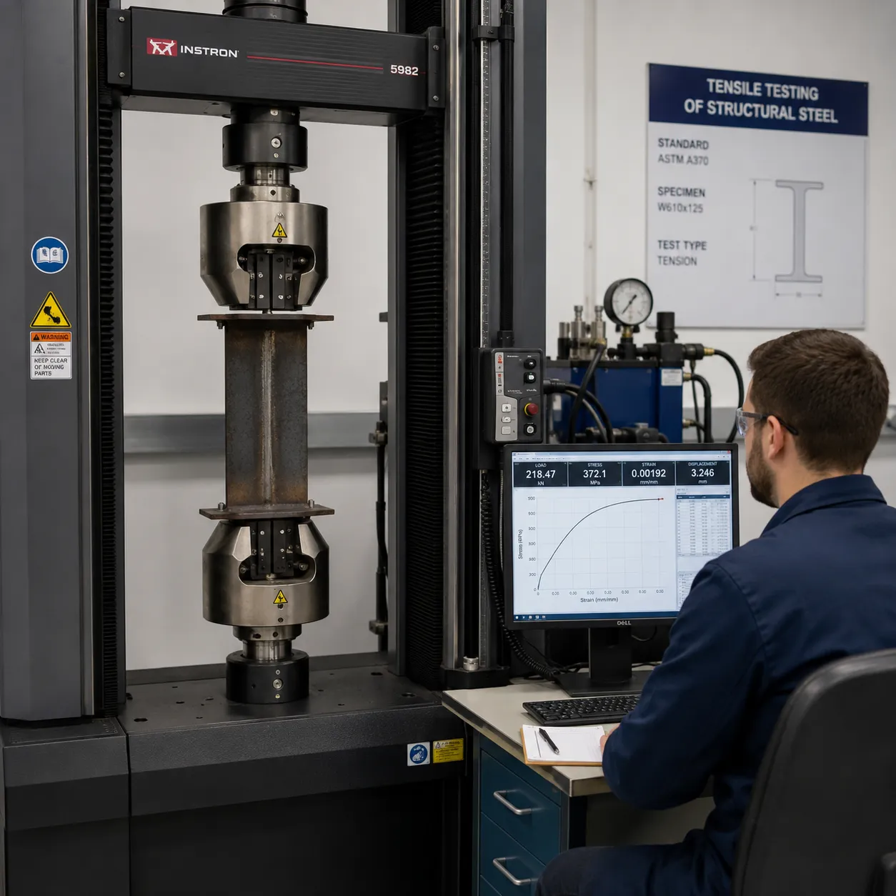 Engineer performing steel structure tensile testing in laboratory with universal testing machine measuring structural steel specimen for material strength verification