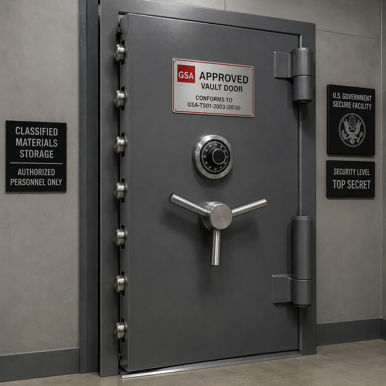 GSA approved security vault door with electromechanical combination lock, heavy-duty steel construction with multiple locking bolts extended, silver and red approval label visible, installed in classified materials storage room at high-security government facility