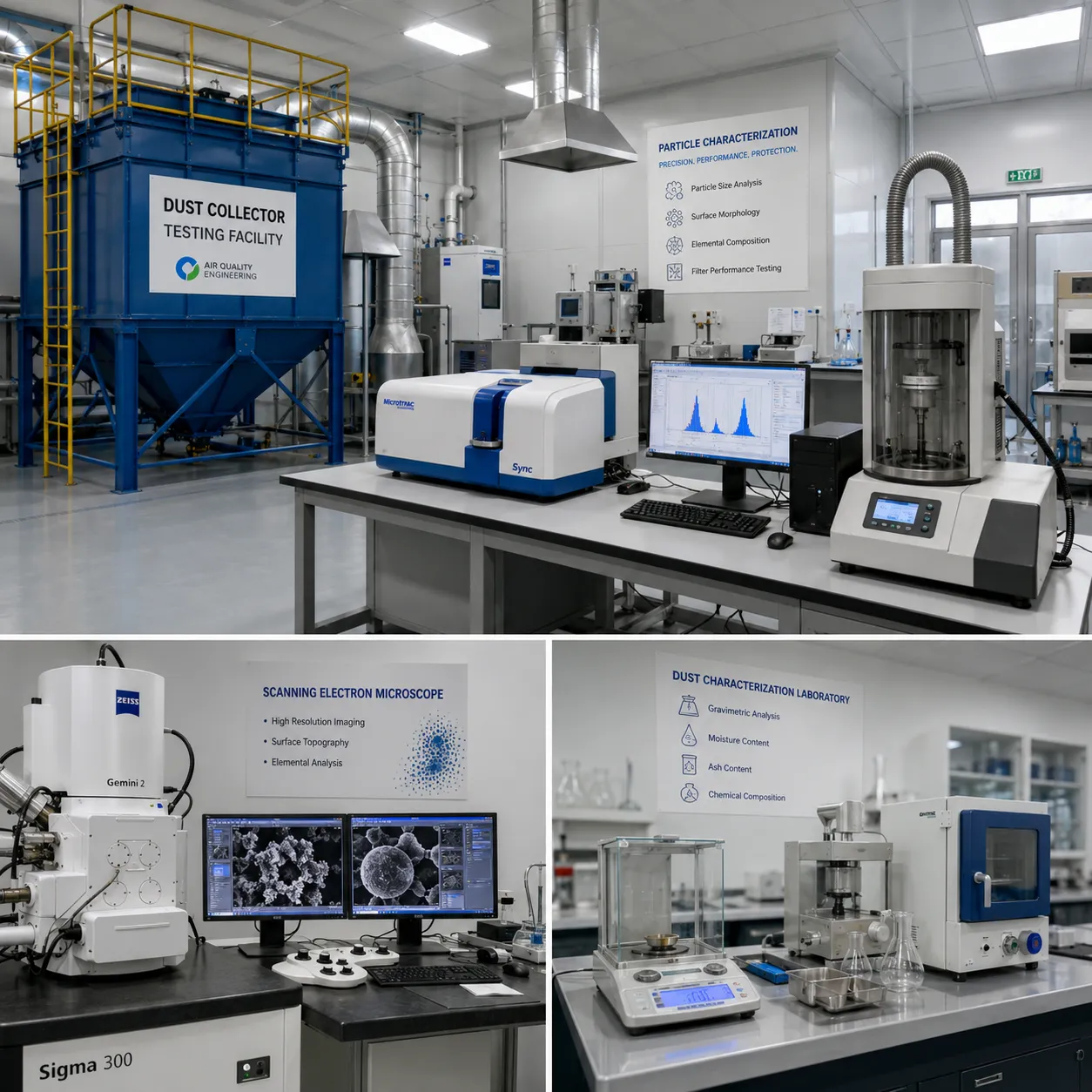 Industrial dust collector testing facility with particle size analyzer equipment and dual-laser particle analysis, dust testing laboratory with scanning electron microscope for dust characterization, professional testing instruments for particle size distribution analysis