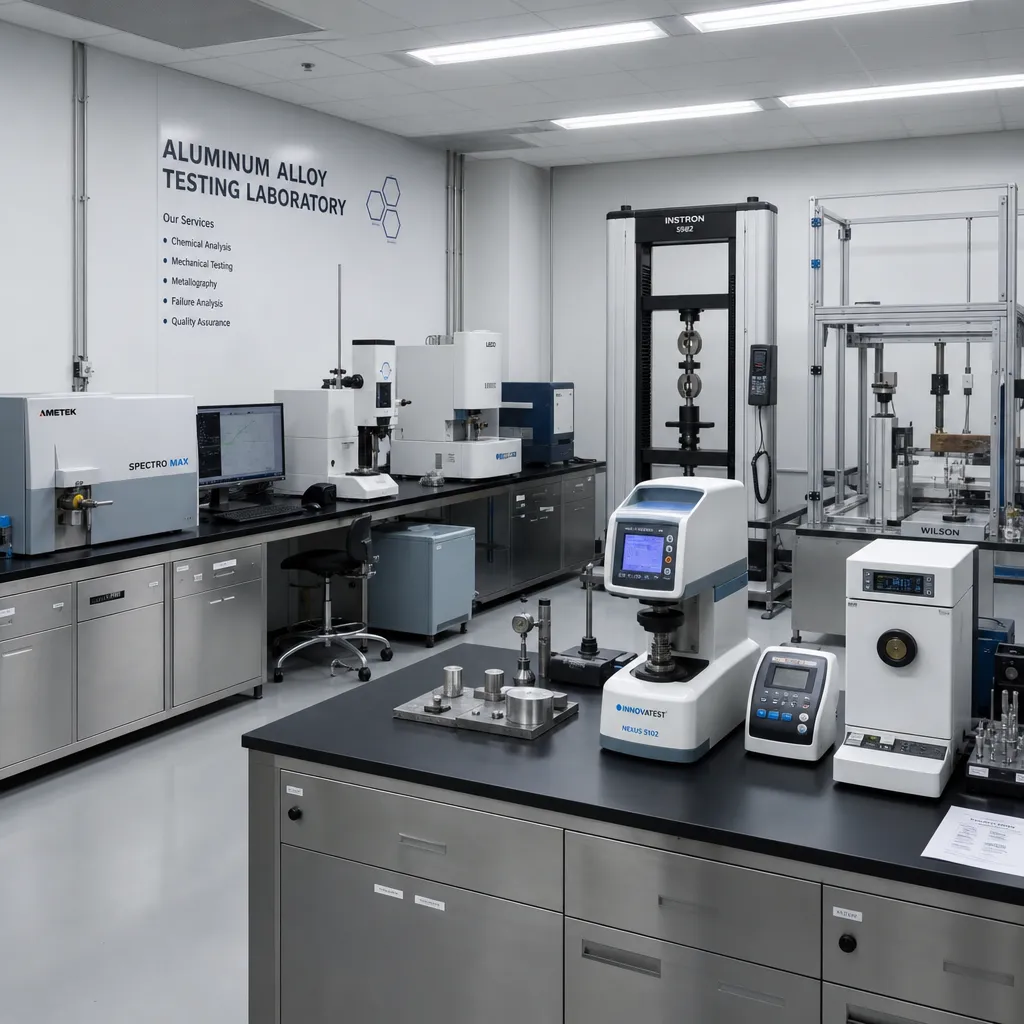 Aluminum alloy testing laboratory with chemical analysis and mechanical testing equipment