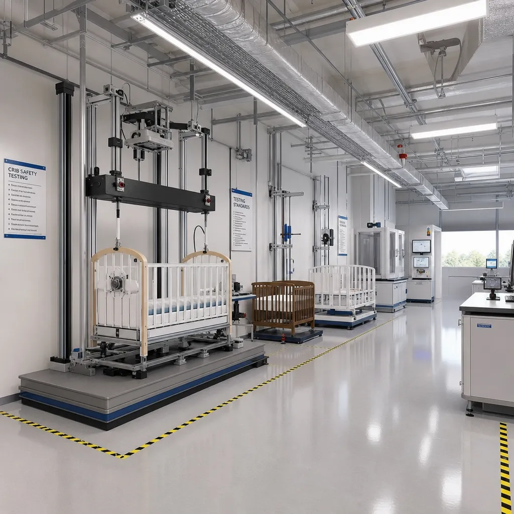 Infant cradle testing laboratory with safety and stability testing equipment