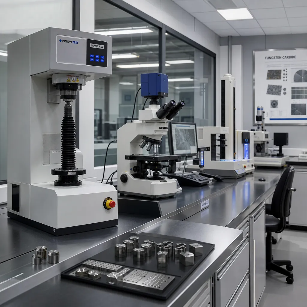 Tungsten carbide testing laboratory with hardness and microstructure analysis equipment