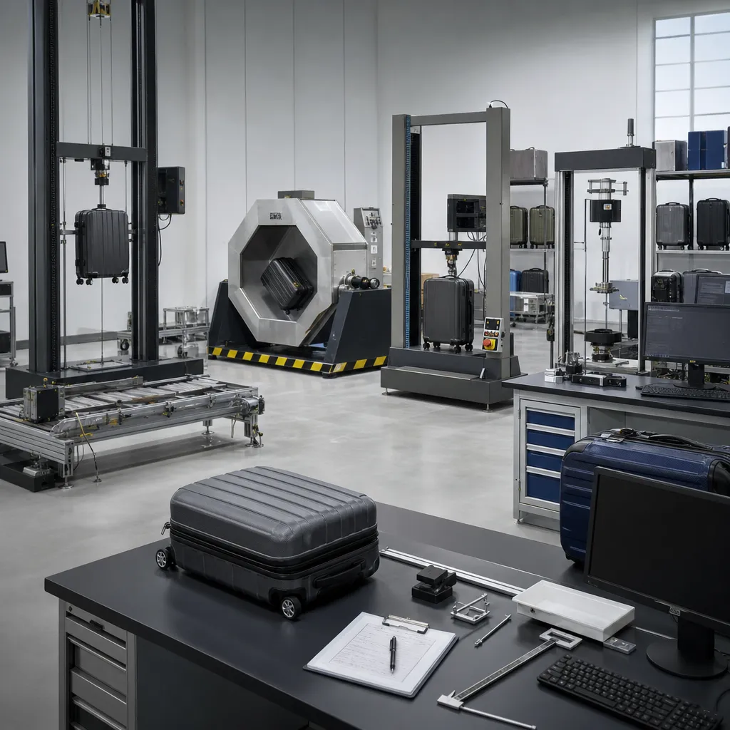 Luggage testing laboratory conducting durability and quality control tests