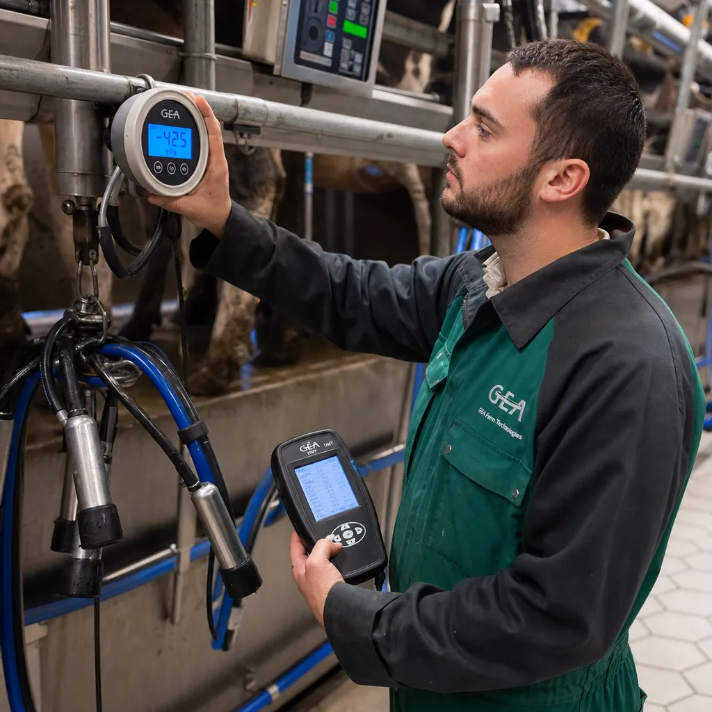 Technician testing milking machine with diagnostic equipment in modern dairy parlor