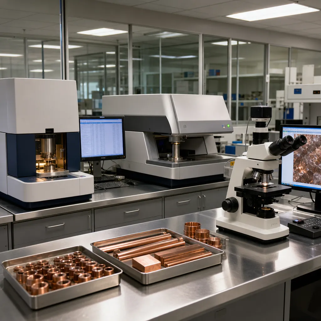 Copper alloy testing laboratory with optical emission spectrometer and metallographic analysis equipment