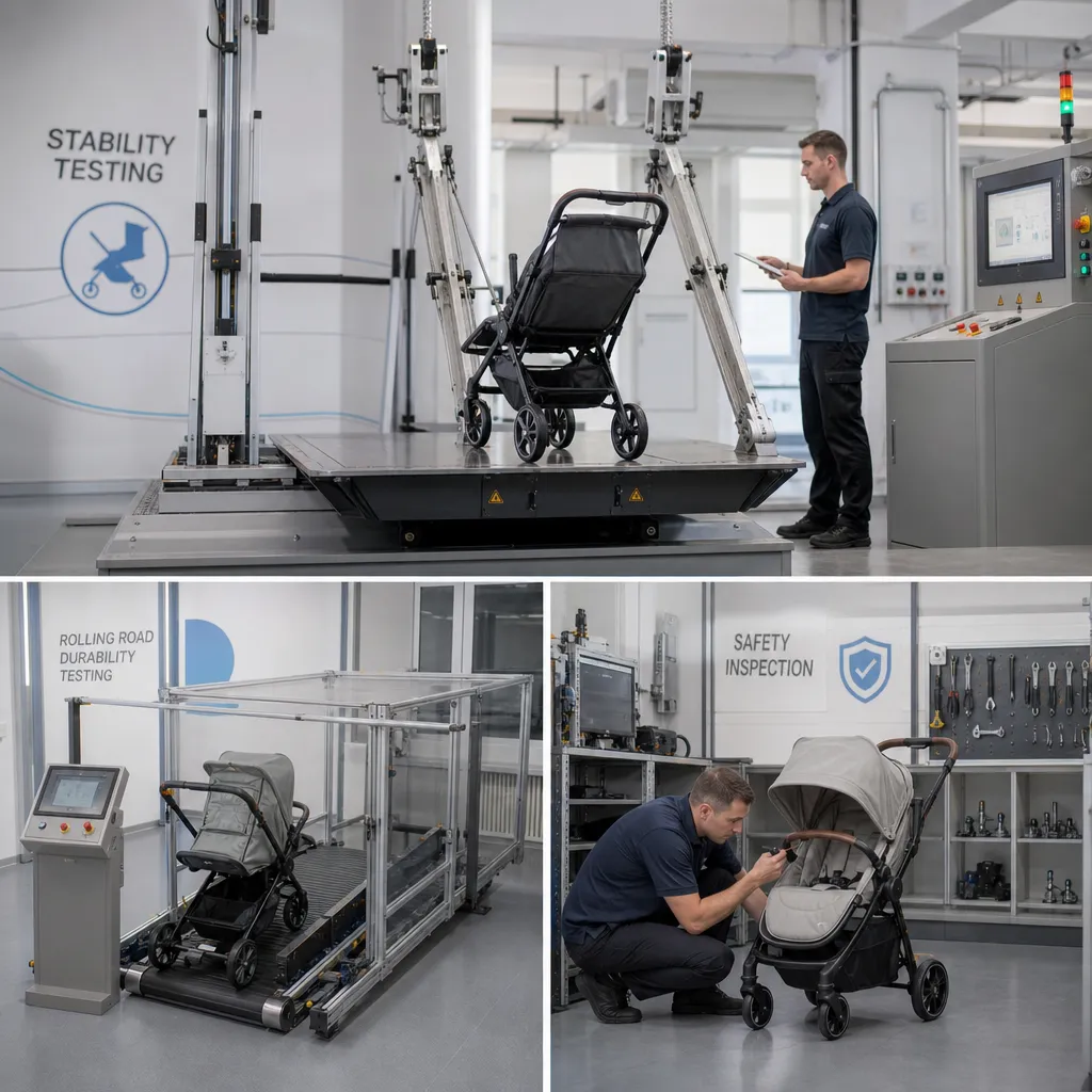 Baby carriage testing laboratory with stability and durability testing equipment