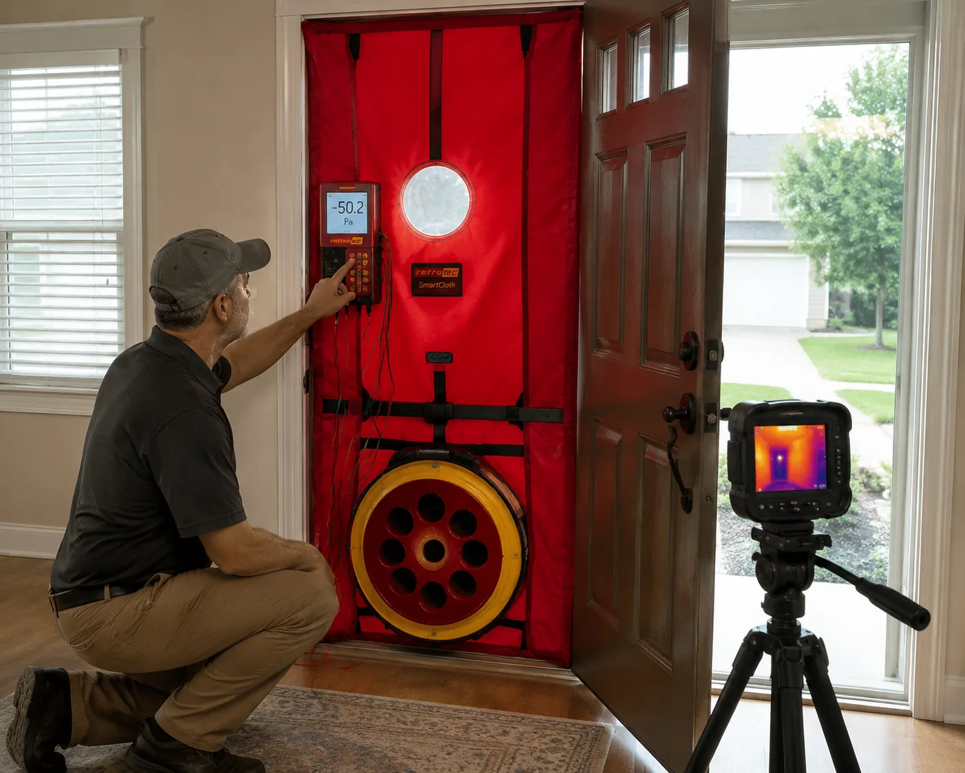 Blower door airtightness testing with calibrated fan in exterior door frame and digital manometer showing pressure differential in pascals